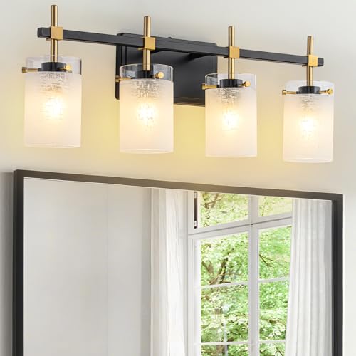 Image of 4-Light Modern Bathroom Vanity Light,Black and Gold Light Fixtures for Bathroom,Modern Wall Light Over Mirror with White Linen Frosted Glass E26 Socket (Bulbs Not Included)