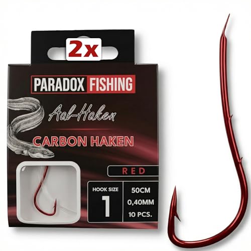 Paradox Fishing Aal-Vorfächer 1# Set (2x10 Stück) | Wurmhaken | Rote geschränkte Carbonhaken mit 2 Widerhaken am Schenkel 50cm Länge & 0 40mm Hochleistungsschnur für Aal