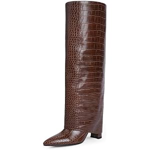 Knee High Boots Women Fold Over Boots Chunky Heel Pointed Toe Tall Boots