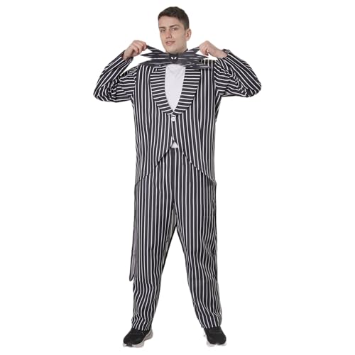 Carnavalife Disfraz Hombre Rayas Jack Skellington Halloween con Abrigo Largo Cola Pajarita Murciélago y Pantalones Traje Pesadilla Navidad Cosplay (Disfraz Traje Jack, M)
