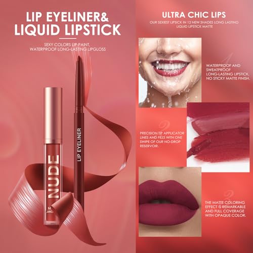 Nude Lip Liner and Lipstick Set, Long Lasting Matte Lip Stain Lip Gloss, Pink Natural Waterproof Velvety Lip Crayon Lip Pencil Lip Liners Set Makeup Gift for Women - Image 3