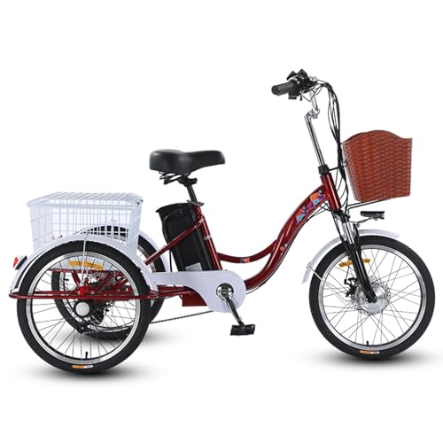 Biciclette A 3 Ruote per Adulti, Triciclo da 20' A 7 velocità per Anziani, Bicicletta Cruiser con 2 Cestini, Bicicletta per La Spesa Adatta Sia A Uomini Che A Donne, Autonomia 35-45 km Red