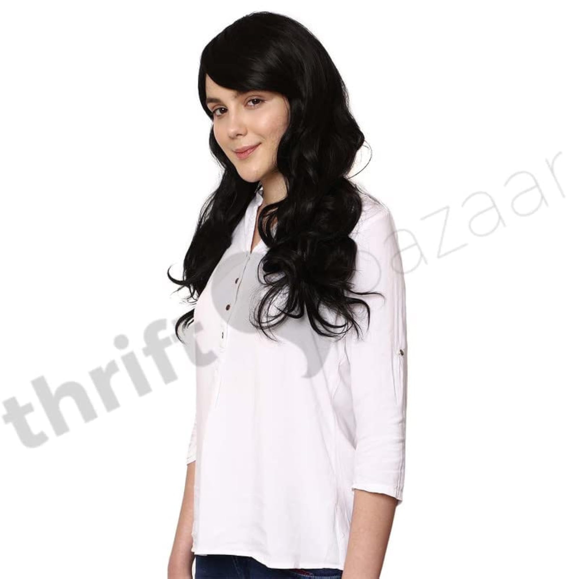 Synthetic Long Curly Wig with Bangs, Black Kinky Daily Use