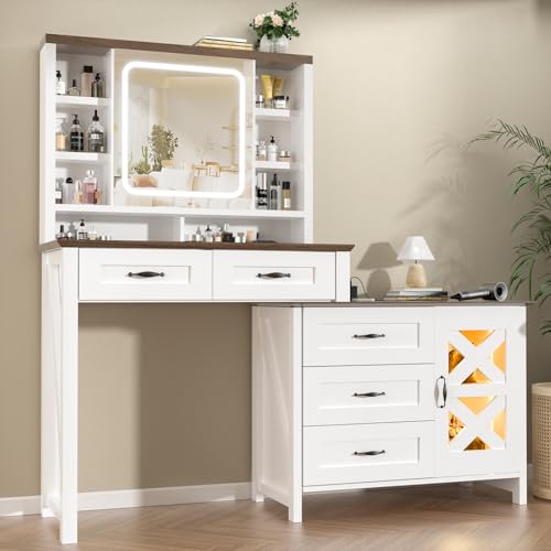 Vanity Desk with Mirror and Lights, 56'' Makeup Vanity Desk with Jewelry Cabinets, Farmhouse Makeup Desk with Charging Station, 5 Drawers, Make up Table with RGB, Dressing Table with Glass Top