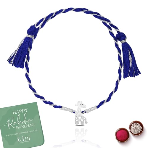 Image of 92.5 Pure Sterling Silver Giraffe Kids Thread Rakhi For Rakshabandhan | Rakhi With Fragrance Greeting Card & Roli Chawal and Silver Certificate of Authenticity