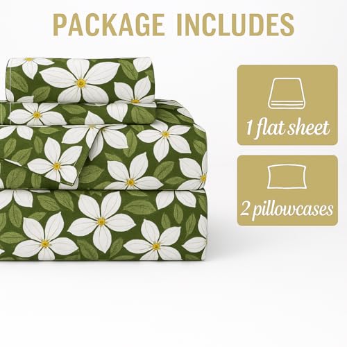 Image of White Flower Double Bed Sheet Set - 100% Cotton, 144 TC Flat Chadar with 2 Pillow Covers - Soft, Breathable & Durable Bedsheet - 90x100 Inch