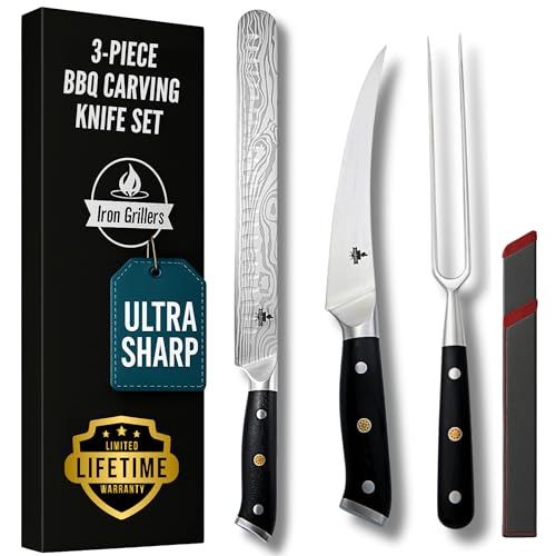 BBQ Carving & Slicing Knife Set for Meat - 12" Brisket Knife + 6" Boning Knife and 6" Carving Fork for Meat Cutting - Razor Sharp German Steel & Full Tang for Smooth Professional Cuts