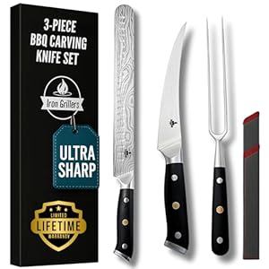 BBQ Carving Knife Set for Meat – 12″ Brisket Slicing and 6″ Boning Knife for Meat Cutting + 6″ Carving Fork & 2 Sheath Covers – Full Tang – Razor Sharp German Steel – Professional & Build to Last