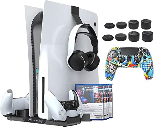 PS5 Controller Charging Station with PS5 Stand, Playstation 5 Accessories for Playstation 5 Wireless Controller, PS5 Cooler, PS5 Holder, 12 Game Storage, 8 Thumb Grip Caps and PS5 Controller Skin Cover