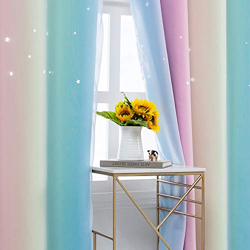Anjee Star Curtains For Kids 2 In 1 Double Layer Blackout Curtains Grommets Top Star Cutout Ombre Rainbow Curtains With Sheer For Living Room Girls Bedroom 2 Panels In 52 X 63 Inch, Pink And Yellow #TOP4