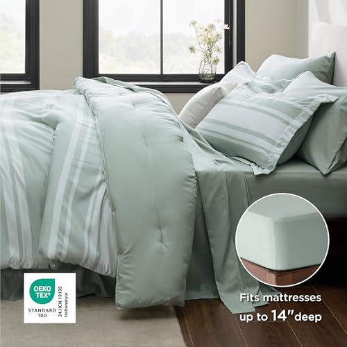 Image of Bedsure Twin Comforter Set 5 Pieces, Sage Green Striped Bedding Set for All Seasons, Reversible, Cationic Dyeing Bed in a Bag with Comforter, Sheets, Pillowcase & Sham
