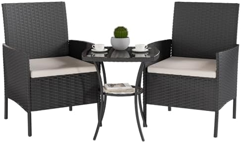 Bild von UDPATIO Gartenmöbel Set 3-Teilige Lounge Balkonmöbel Set mit Gartentisch und 2 Stühlen für Kleiner Balkon Terrasse Draußen, Polyrattan Terrassenmöbel 2 Personen (Schwarz, Set 3-Teilige)