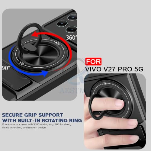 Image of AESTMO Vivo V27 Pro 5G Back Cover | Armor Camera Slider 360 Degree Rotating Finger Ring Holder Case with Bracket Stand Back Case Cover (Compatible with MagSafe Accessories) (Black)