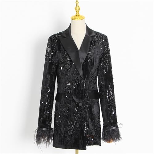 Women's Sequin Jacket Blazer Glitter Sparkly Long Sleeved Feather Slim Coat with Pocket Long Blazers4