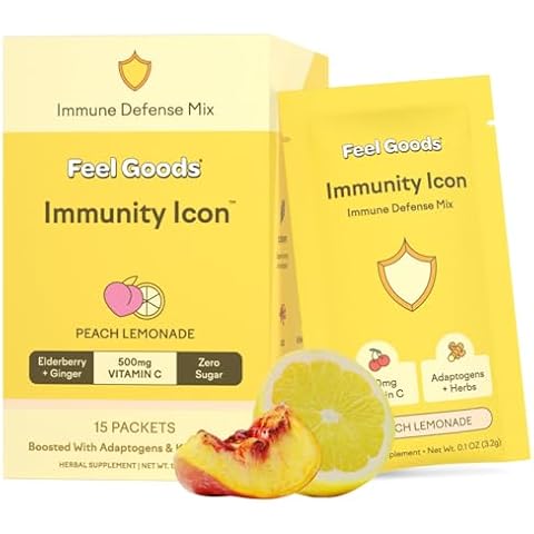 Feel Goods Immunity Icon, Zero Sugar, Vitamin C, A, B, D, E & Zinc, Organic Elderberry, Ashwagandha, Drink Mix Powder, Vegan, Non GMO, Caffeine & Gluten Free | Peach Lemonade, 15 Count Cover