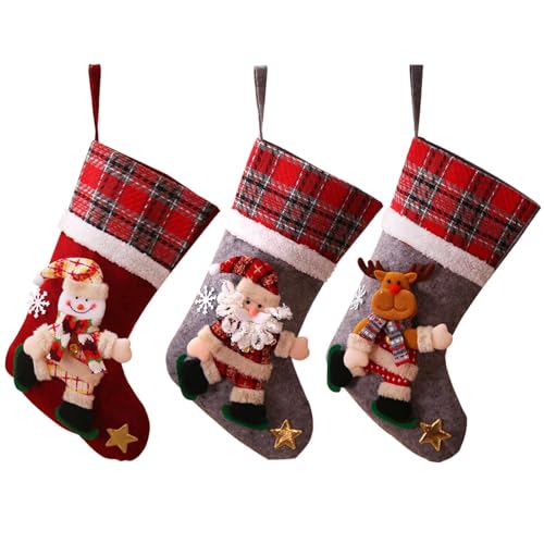 IHCEMIH Christmas Stocking Set of 3 Large Xmas Felt Santa Stockings Traditional Holiday Party Decorations Embroidered Xmas Socks Decor for Fireplace Tree Hanging Ornament Gifts Bags for Kids Family