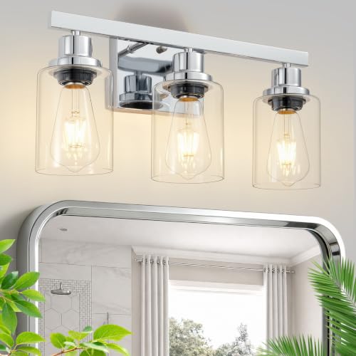 Image of 3 Light Bathroom Light Fixtures,17 inch Polished Chrome Vanity Lights | Modern Vanity Lights over Mirror with Clear Glassshades,Farmhouse Bathroom Wall Sconece over Sink,E26 Base
