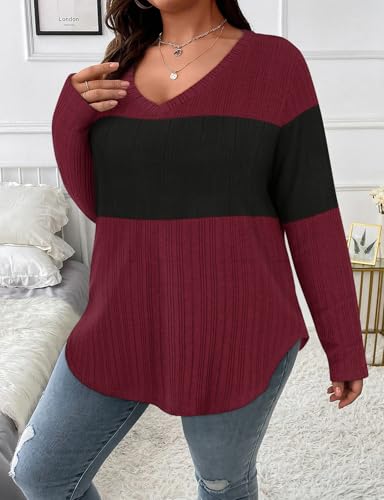 Image of Koscacy Women Plus Size Casual Knit Sweater V Neck Solid Color Tops Lightweight Long Sleeve Blouses