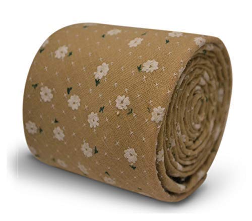 Frederick Thomas Light Coffee Brown Beige Tie with White Floral Pattern – Slim Men’s Necktie for Formal, Office, Wedding or Special Occasions