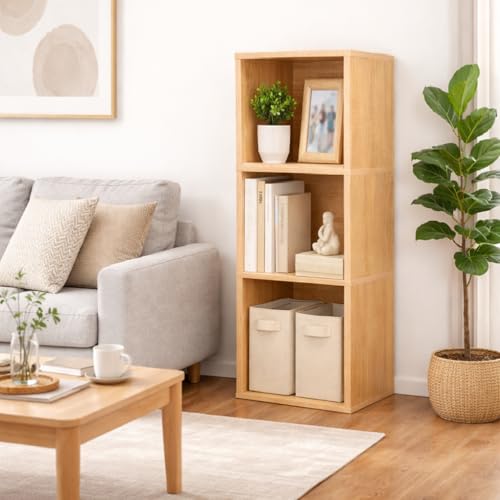 Image of Cube Storage Shelf, 3 Cube Storage Organizer, 3 Tier Bookshelf Small Bookcase, Wooden Book Shelf for Bedroom, Small Bookshelf for Living Room and Office (Natural, 3 Cube)
