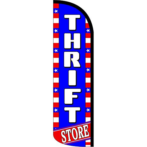 Thrift Store (Patriotic) Windless Feather Flag Bundle (11.5' Tall Flag, 15' Tall Flagpole, Ground Mount Stake) #TOP1