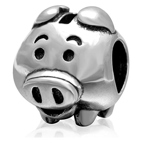 Piggy Piggy Bank Charm Antique 925 Sterling Silver Animals Bead Fit Pandora Style Bracelet (Pig Charm) Cover