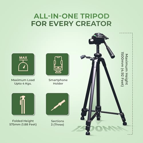 Image of Digitek (DTR 490 LW) Foldable Tripod Stand with Smartphone Holder, Pan Head & Quick Release Plate, 4.92ft Max Height, 4kg Load, Rubberised Legs, 3-Section Adjustable for DSLR & Smartphones