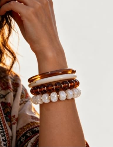 FAXHION Stackable Stretch Beaded Bracelet Set for women, Tan - image 4