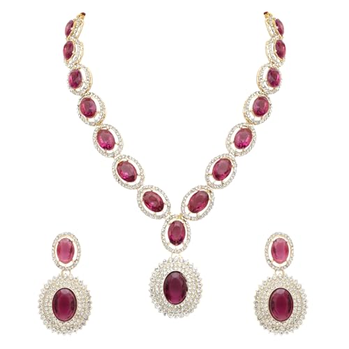 I Jewels Gold Plated Crystal Diamond Necklace & Earrings Jewellery Set for Women (Wine)