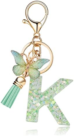 Fashion Alphabet Initial Letter Keychain Tassel Butterfly Pendant Key Ring for Purse Handbags Women Girl