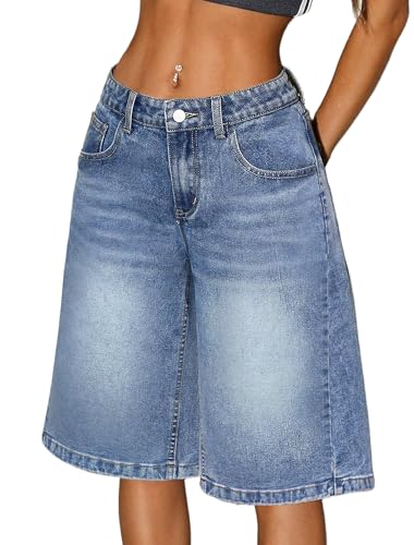 IWD Jean Shorts for Women Mid-Low Waisted Casual Loose Baggy Denim Shorts Y2k Bermuda Shorts Summer Trendy Long Jorts (Medium Blue Medium)