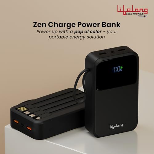 Image of Lifelong Electronics 20000mAh 22.5W Fast Charging Power Bank | 3 Inputs (1 Built-in USB A Cable + 1 C + 1 Lightning Port) & 6 Outputs (3 Built-in Cables + 1 C + 2 A Port) | Small Pocket Size Powerbank