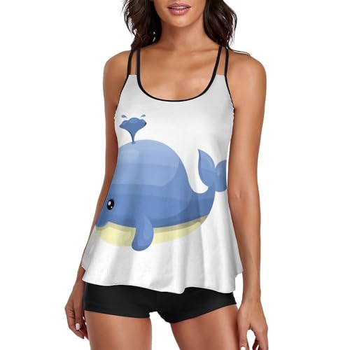 Tankini para mujer con estampado de ballena y faro con pantalones cortos de tirantes delgados