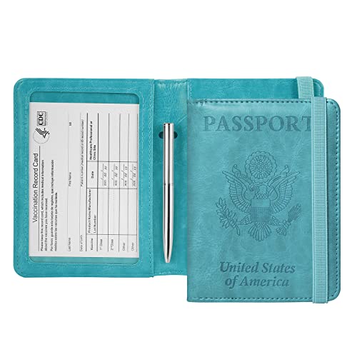 GDTK Leather Passport Holder Cover Case RFID Blocking Travel Wallet (Sky Blue)