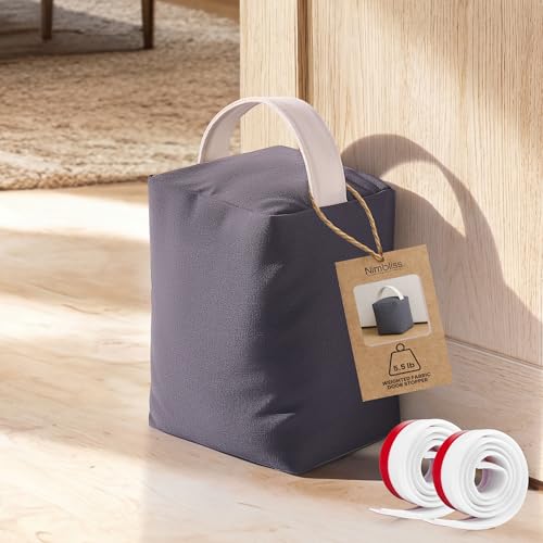 Weighted Door Stopper 5.5 lb - 2 Bonus Draft Stoppers (Up to $15 Value), Heavy Duty Door Stopper with Handle, Floor Safe Fabric Door Stop, Non-Slip for Kids & Pets, 6" L × 4.5" W × 7" H, Grey