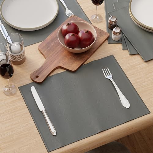 Image of Encasa XO Leather Dining Table Mats Set of 6 | Water Repellent & Heat Resistant Dining Table Mats | Washable & Easy to Clean Placemats for Kitchen Decor - 42x30 cm (Grey)