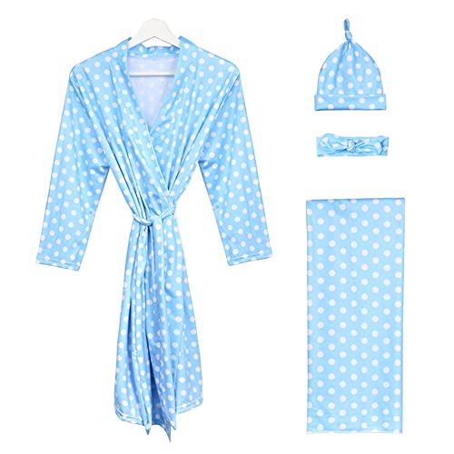 Mommy And Me Robe And Swaddle Set Floral Print Maternity And Baby Matching Hospital Labor Delivery Swaddling Wrap Blanket Dress With Headband Hat For Mom And Girl Boy 4Pcs Outfit 2 Blue Polka Dots S/M #TOP12