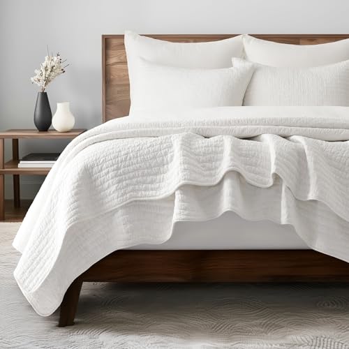 EVERGRACE 100% Cotton Cross Stitch 3-Piece Quilt Set, King, Bright White