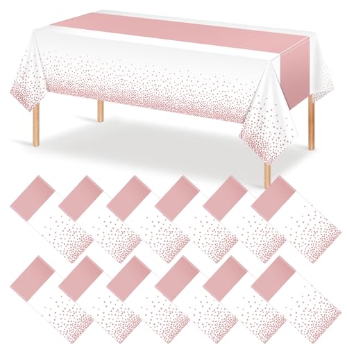 Image of 12Pcs White Rose Gold Tablecloth Party Decorations,Plastic White Table Cloth Printed Rose Gold Table Runner Disposable Rectangle Tables Cover for Birthday Anniversary Wedding Grad Party,54 x108 Inch
