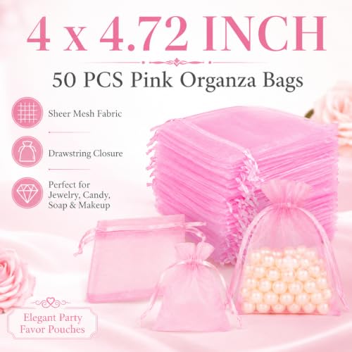 Image of Hopttreely 50 Pcs Pink Organza Bags 4x4.72 Inch, Sheer Mesh Gift Bags Bulk with Drawstring, Small Jewelry Candy Soap Makeup Sachet Pouches for Wedding Baby Shower Birthday Party Favors