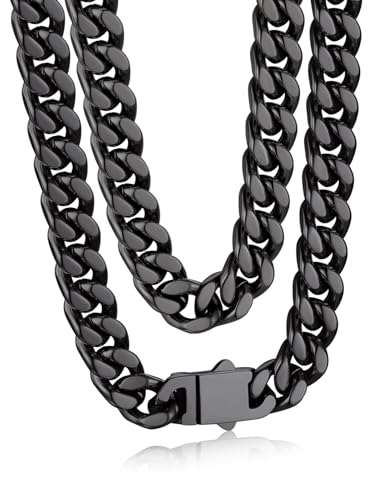 Bandmax Black Cuban Link Chain Necklace for Men 9MM Stainless Steel Miami Curb Chain 22 Inch Thick Polished Waterproof Black Neck Chains Gift for Son Husband Christmas Birthday