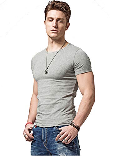 XDIAN Hombre Manga Corta Camiseta Ajustado Algodón Deportes Casual Tees O-Cuello (EUR M=Label XXL:65-70Kg, Gris)