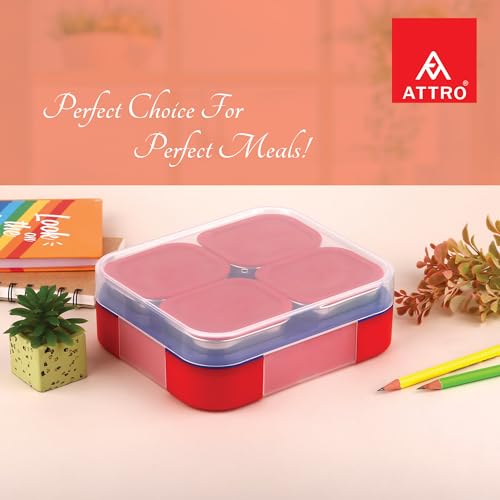 Image of ATTRO Admire-4 Insulated Lunch Box | 4 Removable Stainless Steel Containers with Lids | BPA-Free, Food Grade, Leak-Proof| Ideal for School, Office & Outdoor Use| 800ml, Cherry Red