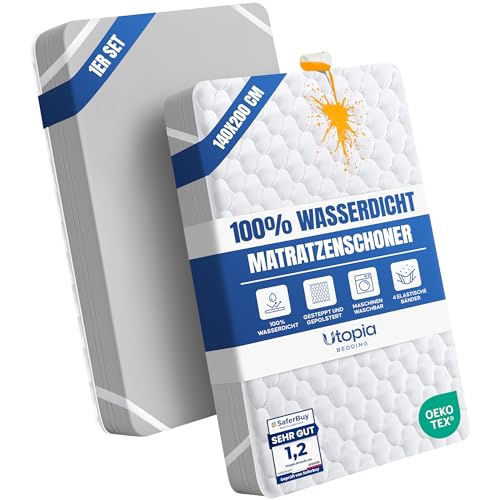 Utopia Bedding Wasserdichter Gesteppte Matratzenauflage 140 x 200 cm Weicher Mikrofaser-Matratzenbezug Gesteppter Matratzenschoner 140x200 Topper Mit elastischen Bändern 4 Eckgummis