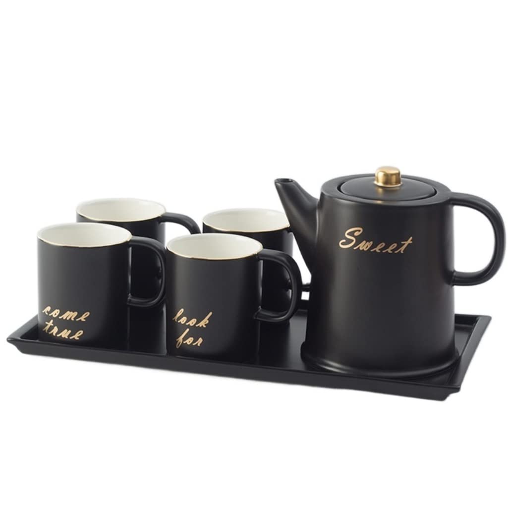 Zestaw Filiżanek Do Herbaty Kawy 6 Sztuk Ceramiczny Zestaw Filiżanek Do Herbaty Z Tacą Na Herbatę Wytłaczanie Na Gorąco Słodki Wzór Prosty Nordic Zestaw Filiżanek Do Herbaty Dla Domu(Black)