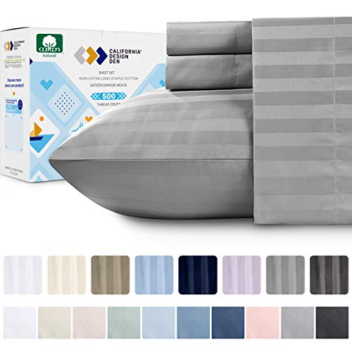 500 Thread Count Queen Sheet Sets - (4pc, Light Grey) - Extra Long Staple Cotton With Woven Damask Stripe - Premium Quality and Deep Pocket Satin Bedsheets, Fits Mattress 16'' Deep Pocket