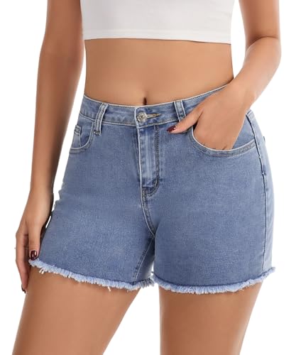Image of VIPONES Women Mid Rise Jeans Shorts Frayed Raw Hem Summer Stretchy Casual Denim Shorts