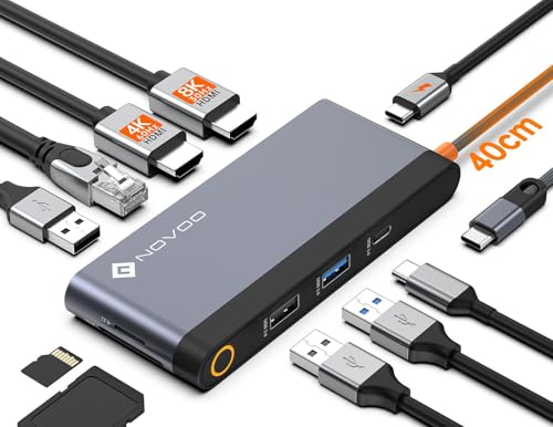 NOVOO Docking Station With Dual HDMI Hub 8K @30Hz/4K @60Hz, Gigabit Ethernet, USB-C/A Ports, 100W PD Fast Charging, SD/TF Card Reader for MacBook Dell Surface HP