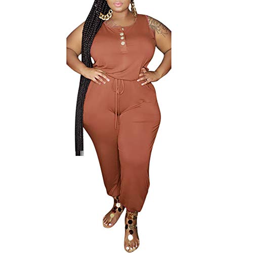 IyMoo Women's Plus Size Plain Sleeveless Casual Button Bodycon Drawstring Pant Jumpsuits Romper Orange 2XL