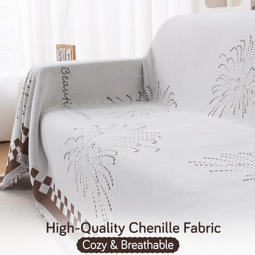 Image of HOKIPO Printed 320 GSM Chenille Sofa Cover Throw Blanket for 3 Seater Sofa - All Season, 'Serene Abode Series' Brown Dot Burst (180x310 cm) (AR-6633-D6)